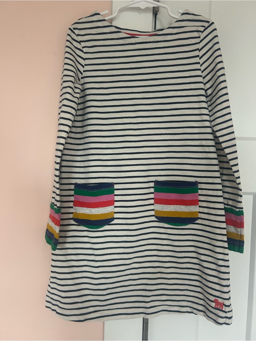 Mini Boden Striped Long-Sleeve Dress with Colorful Pocket Accents